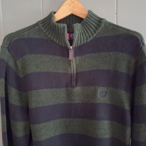 Rugby stripe 1/4 zip sweater mock neck S cotton Chaps green navy‎ frat boy prep
